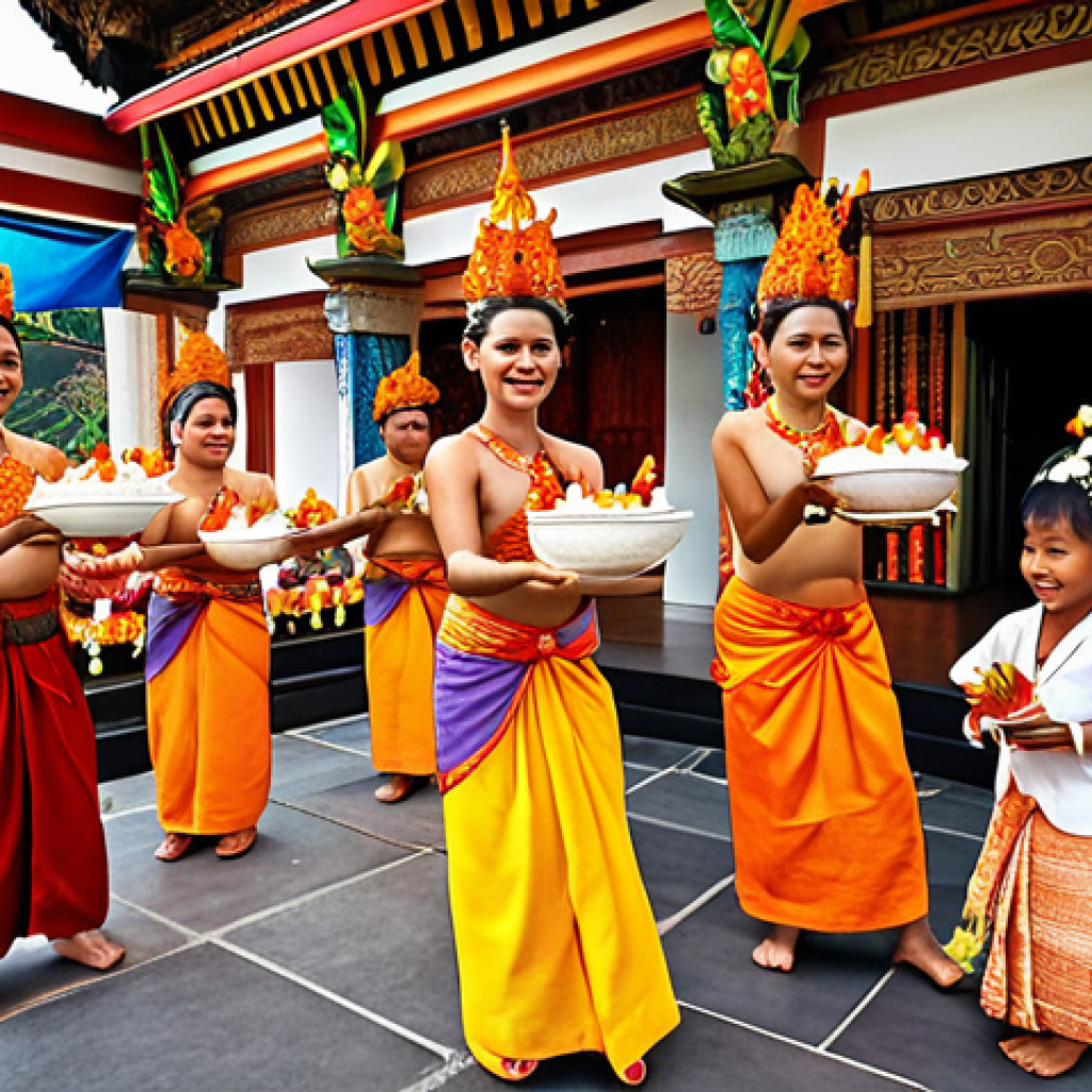 **A vibrant Balinese temple ceremony:** Capture a colorful Odalan festival scene at a temple, with traditional dancers, offerings of food and flowers, and people in traditional clothing. Emphasize the joyful and lively atmosphere.