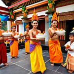 **A vibrant Balinese temple ceremony:** Capture a colorful Odalan festival scene at a temple, with traditional dancers, offerings of food and flowers, and people in traditional clothing. Emphasize the joyful and lively atmosphere.