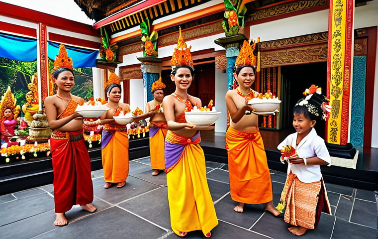 **A vibrant Balinese temple ceremony:** Capture a colorful Odalan festival scene at a temple, with traditional dancers, offerings of food and flowers, and people in traditional clothing. Emphasize the joyful and lively atmosphere.