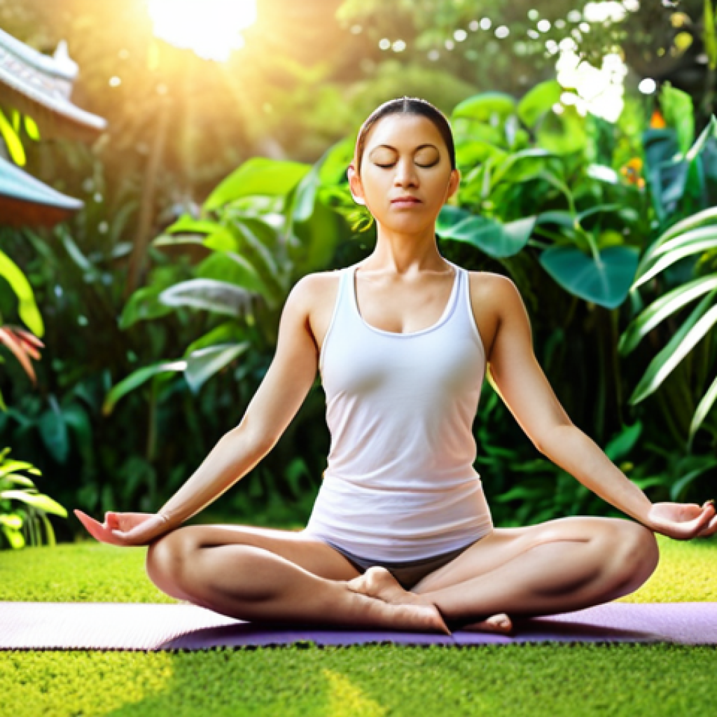 **Prompt:** A serene yoga practitioner in Thailand, in a lush green garden, performing a balancing yoga pose at sunrise. Soft, warm light illuminates their face as they meditate, embodying inner peace and mindfulness. Focus on the connection between the body, mind, and spirit through yoga.