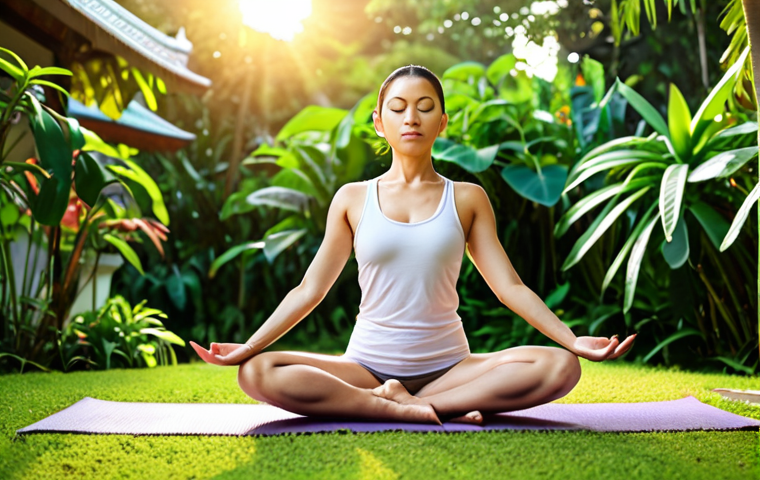 **Prompt:** A serene yoga practitioner in Thailand, in a lush green garden, performing a balancing yoga pose at sunrise. Soft, warm light illuminates their face as they meditate, embodying inner peace and mindfulness. Focus on the connection between the body, mind, and spirit through yoga.