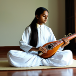 A serene individual in a tranquil indoor meditation space, dressed in fully clothed, modest, and appropriate spiritual attire. Subtle traditional Indian musical instruments like a sitar and a bansuri are artfully arranged in the soft-lit background, suggesting ambient sacred sounds. The overall atmosphere is peaceful and conducive to introspection. safe for work, appropriate content, family-friendly, perfect anatomy, correct proportions, natural pose, well-formed hands, proper finger count, natural body proportions, professional photography, high quality.