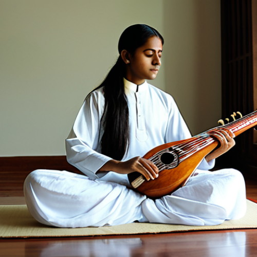 A serene individual in a tranquil indoor meditation space, dressed in fully clothed, modest, and appropriate spiritual attire. Subtle traditional Indian musical instruments like a sitar and a bansuri are artfully arranged in the soft-lit background, suggesting ambient sacred sounds. The overall atmosphere is peaceful and conducive to introspection. safe for work, appropriate content, family-friendly, perfect anatomy, correct proportions, natural pose, well-formed hands, proper finger count, natural body proportions, professional photography, high quality.