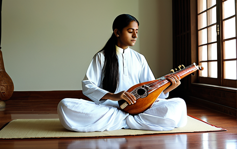 A serene individual in a tranquil indoor meditation space, dressed in fully clothed, modest, and appropriate spiritual attire. Subtle traditional Indian musical instruments like a sitar and a bansuri are artfully arranged in the soft-lit background, suggesting ambient sacred sounds. The overall atmosphere is peaceful and conducive to introspection. safe for work, appropriate content, family-friendly, perfect anatomy, correct proportions, natural pose, well-formed hands, proper finger count, natural body proportions, professional photography, high quality.