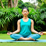 힌두교 국제 전파 - **Prompt:** A serene yoga practitioner in a fully clothed, modest yoga outfit, meditating in a lush ...