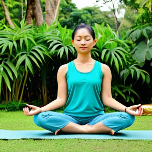힌두교 국제 전파 - **Prompt:** A serene yoga practitioner in a fully clothed, modest yoga outfit, meditating in a lush ...