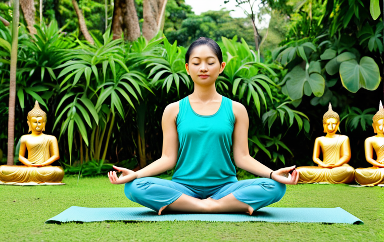 힌두교 국제 전파 - **Prompt:** A serene yoga practitioner in a fully clothed, modest yoga outfit, meditating in a lush ...