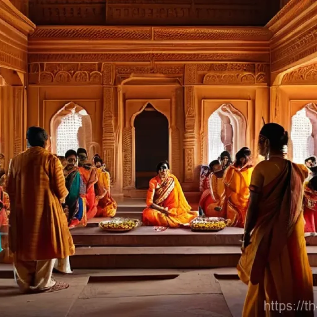 힌두교와 영국 식민지 시대 - **Prompt:** A detailed, wide-angle shot set in 19th-century colonial India. A group of British offic...