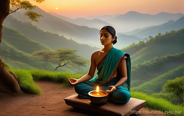 힌두교와 텔루구 문화 - **Prompt 1: Ancient Hindu Wisdom in a Serene Landscape** "A person in their late 20s or early 30...