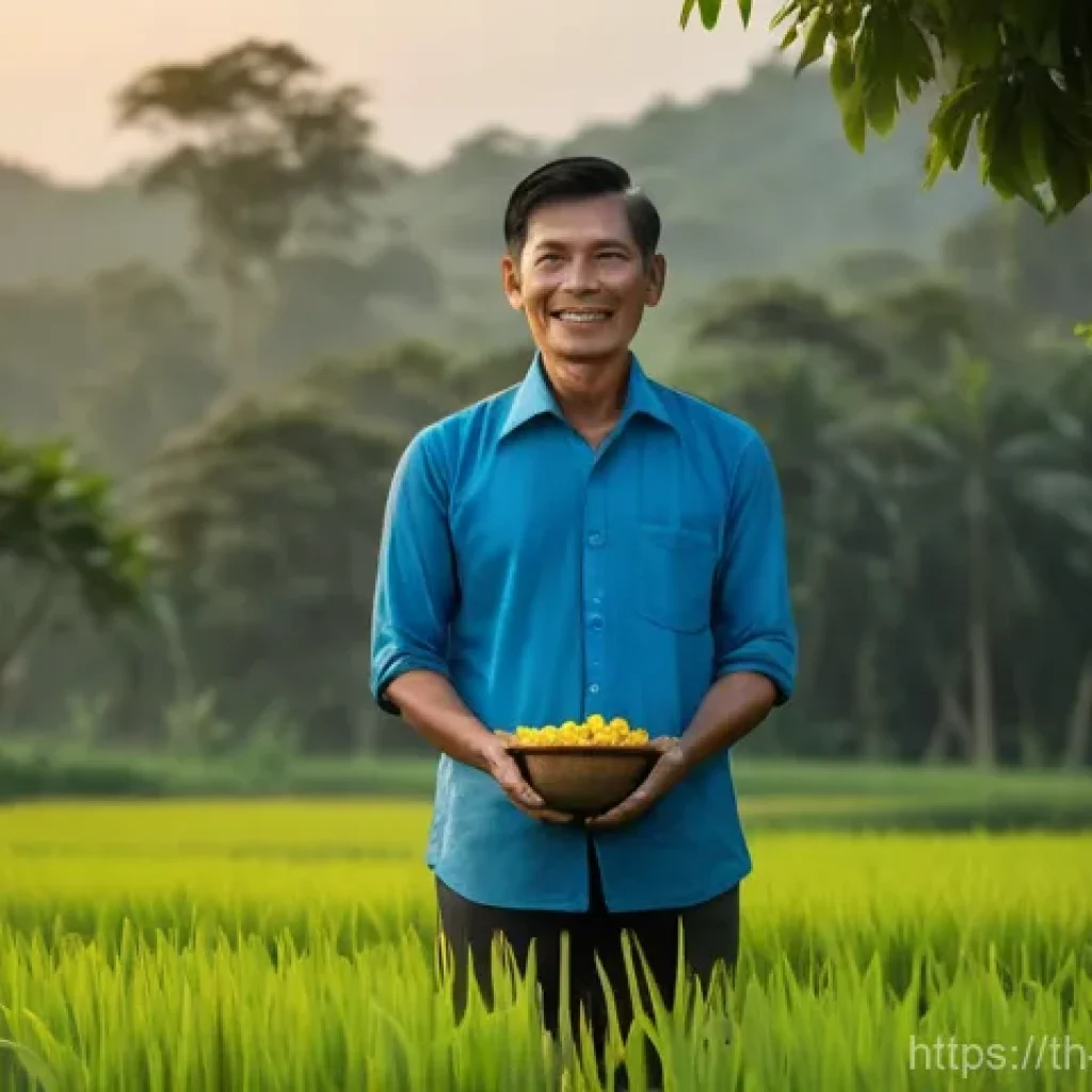 힌두교와 농업 - **Prompt:** A tranquil rural Thai village scene at dawn. A male farmer in his late 40s, dressed in a...