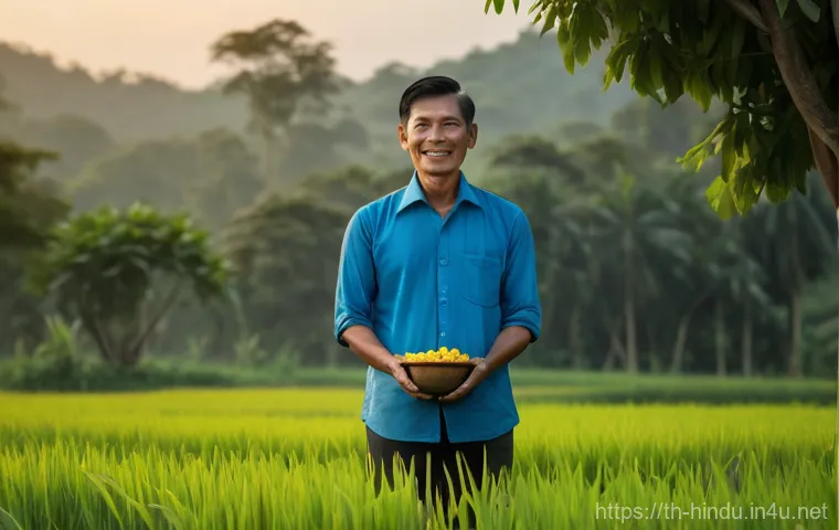 힌두교와 농업 - **Prompt:** A tranquil rural Thai village scene at dawn. A male farmer in his late 40s, dressed in a...