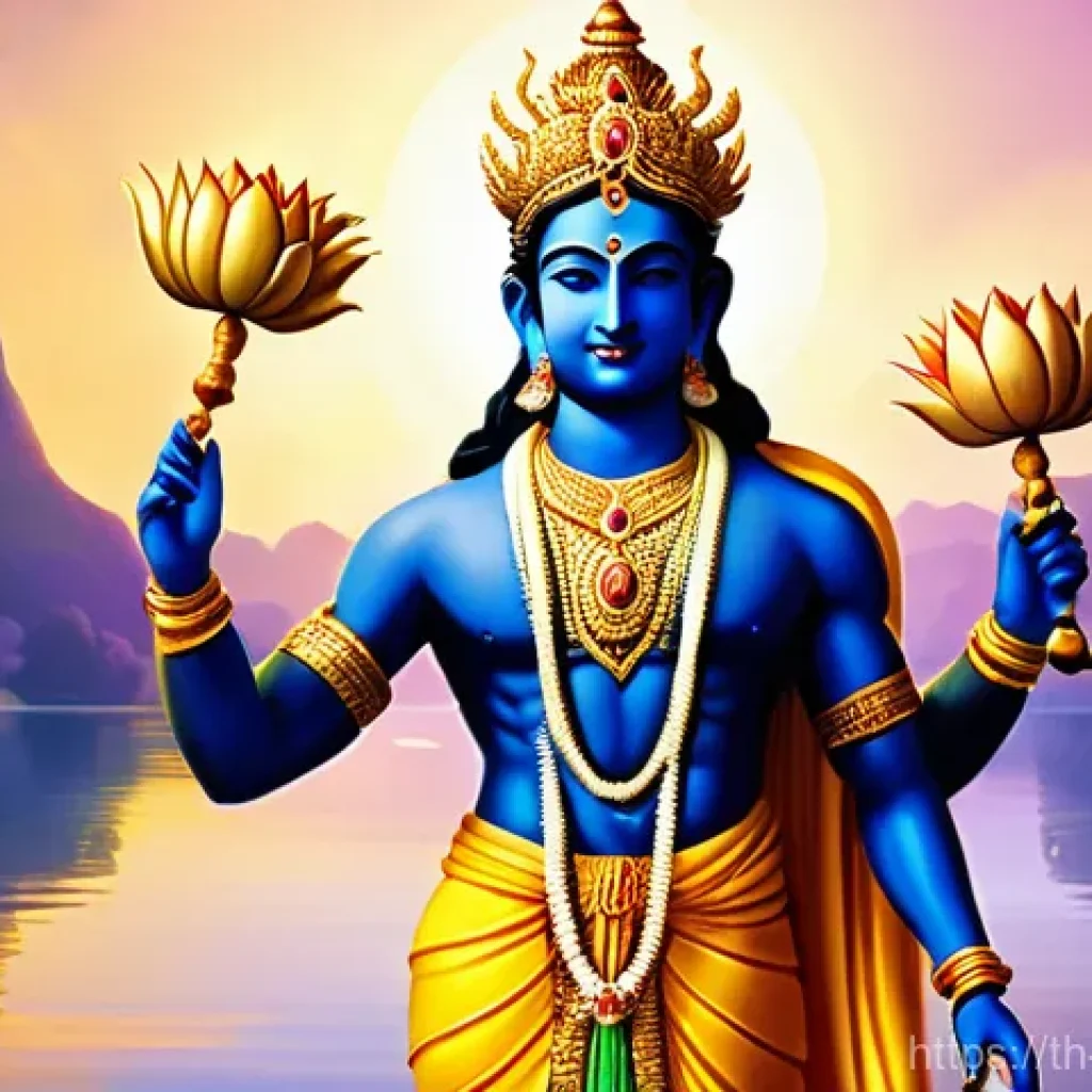 힌두교 종파 바이슈나바 - A magnificent, full-body portrait of Lord Vishnu. He is depicted as a handsome young man with radian...