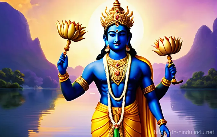 힌두교 종파 바이슈나바 - A magnificent, full-body portrait of Lord Vishnu. He is depicted as a handsome young man with radian...