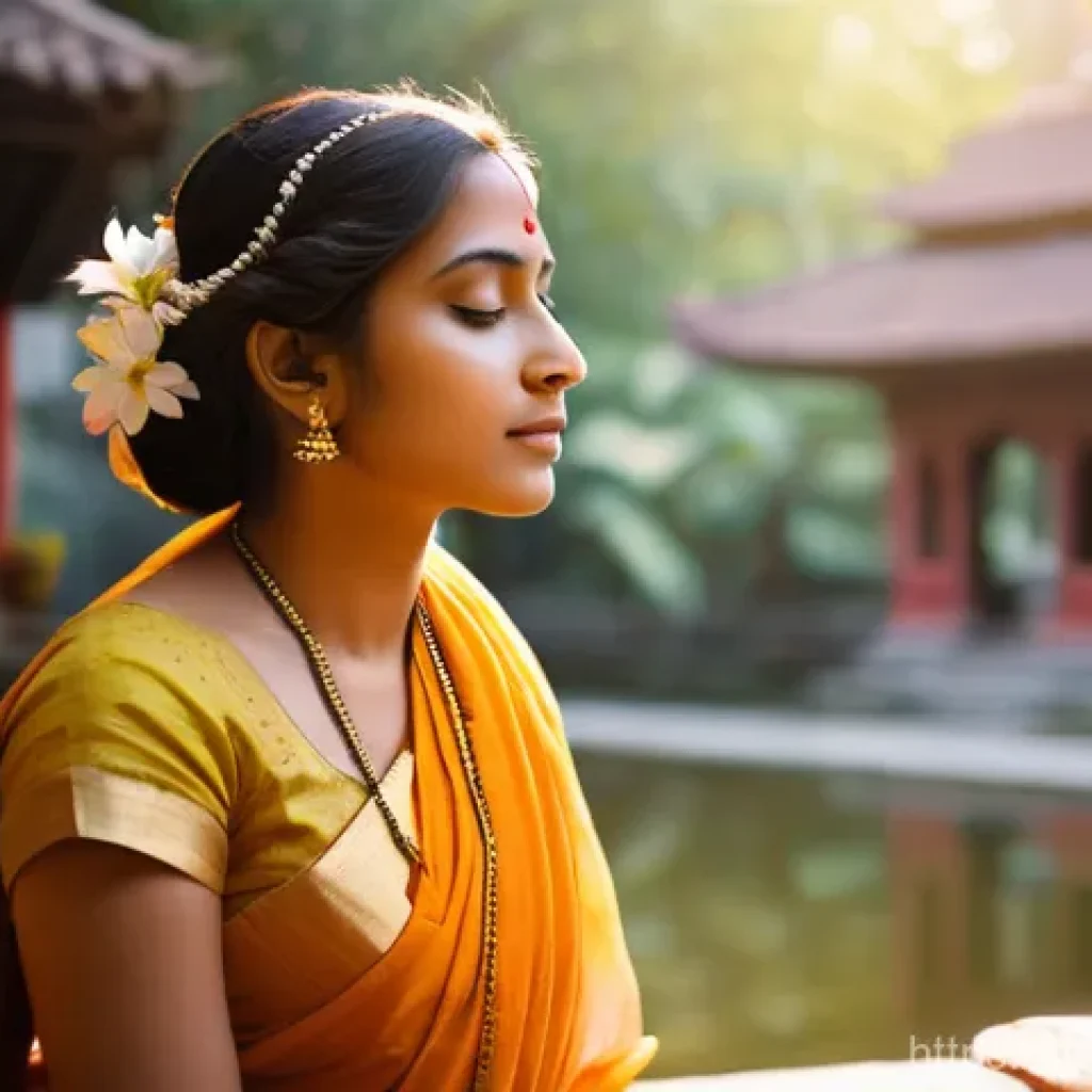 힌두교와 시 - **Prompt:** A serene and ethereal portrait of a young woman, in her late 20s, of South Asian descent...