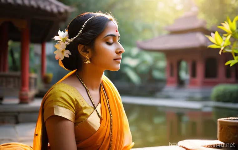 힌두교와 시 - **Prompt:** A serene and ethereal portrait of a young woman, in her late 20s, of South Asian descent...