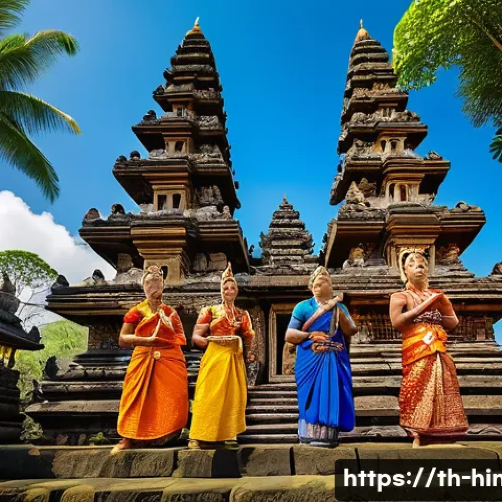 힌두교와 동남아시아 - A vibrant cultural festival scene in Bali, Indonesia, showcasing traditional Hindu rituals and color...