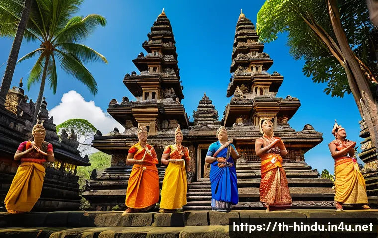 힌두교와 동남아시아 - A vibrant cultural festival scene in Bali, Indonesia, showcasing traditional Hindu rituals and color...