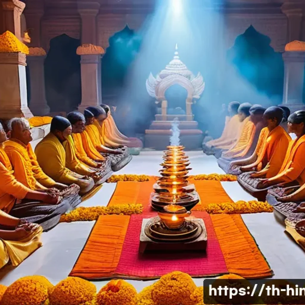 힌두교와 간디 철학 - A serene Hindu temple interior during a traditional puja ceremony: vibrant marigold flower garlands,...