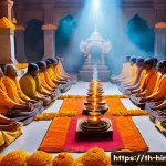 힌두교와 간디 철학 - A serene Hindu temple interior during a traditional puja ceremony: vibrant marigold flower garlands,...