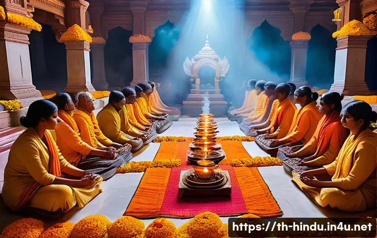 힌두교와 간디 철학 - A serene Hindu temple interior during a traditional puja ceremony: vibrant marigold flower garlands,...