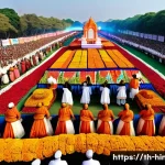 힌두교와 현대 인도 정치 - A vibrant political rally in modern India featuring a diverse crowd of men and women wearing traditi...