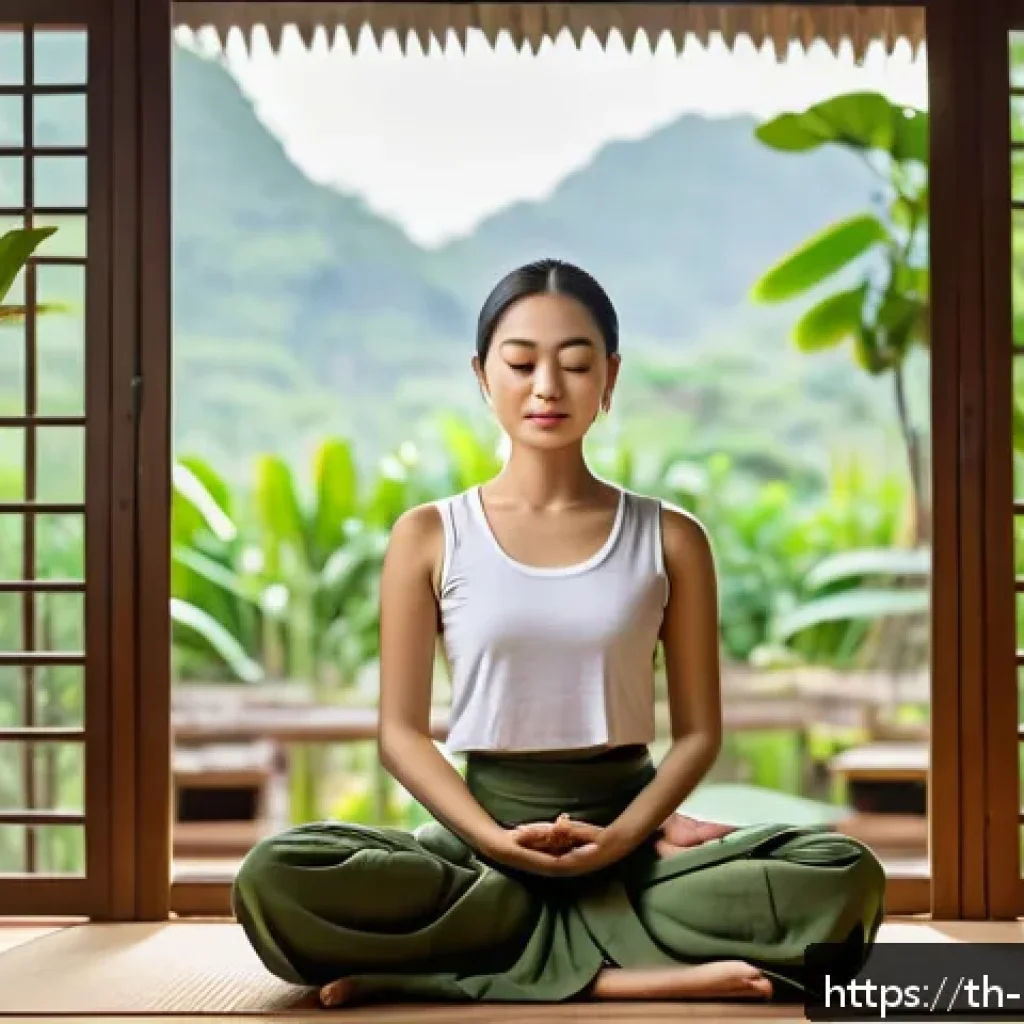 힌두교 업보 개념 - A serene Thai woman practicing meditation in a traditional wooden house surrounded by lush green tro...
