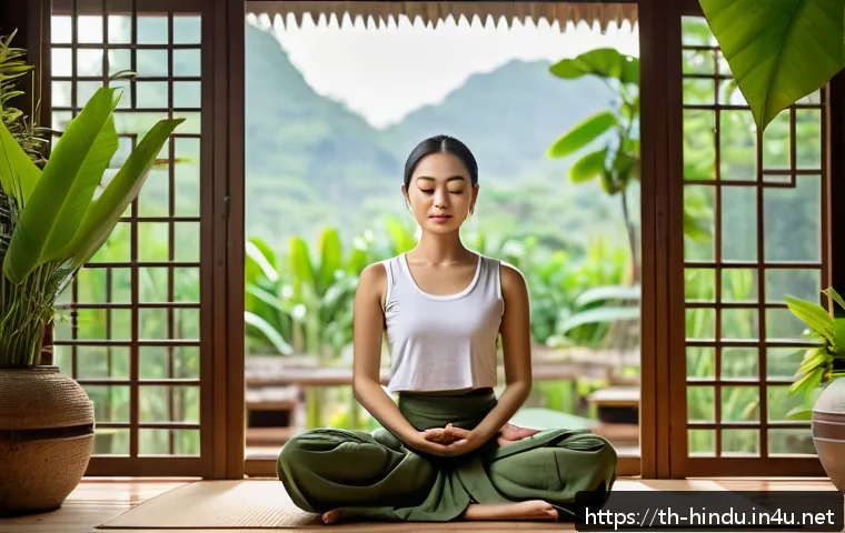 힌두교 업보 개념 - A serene Thai woman practicing meditation in a traditional wooden house surrounded by lush green tro...