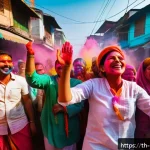 힌두교 축제 홀리 - A vibrant street scene during the Holi festival in India, with a diverse group of people wearing whi...
