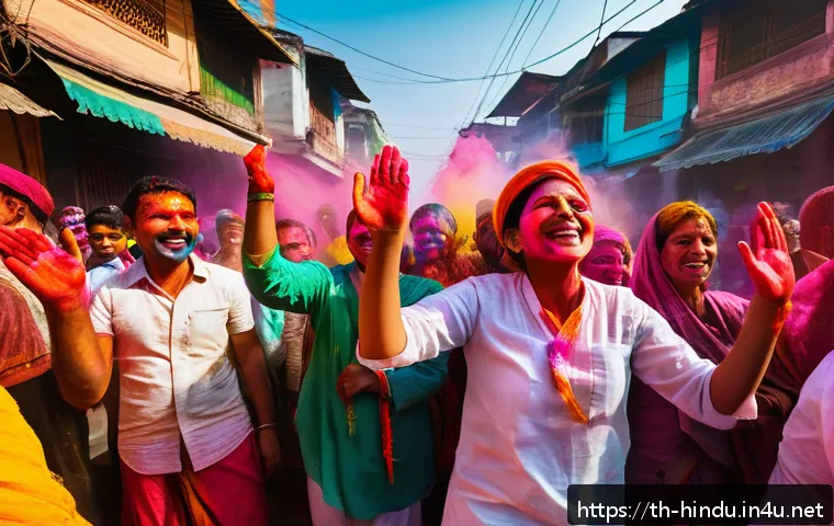 힌두교 축제 홀리 - A vibrant street scene during the Holi festival in India, with a diverse group of people wearing whi...