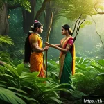 힌두교 성전 라마야나 - A detailed scene of Rama and Sita in a lush, dense forest during their exile, both dressed modestly ...