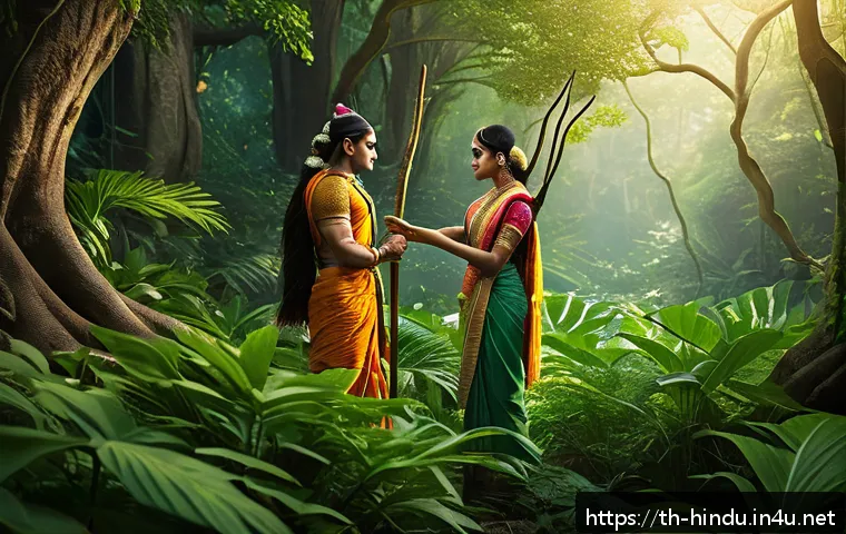 힌두교 성전 라마야나 - A detailed scene of Rama and Sita in a lush, dense forest during their exile, both dressed modestly ...