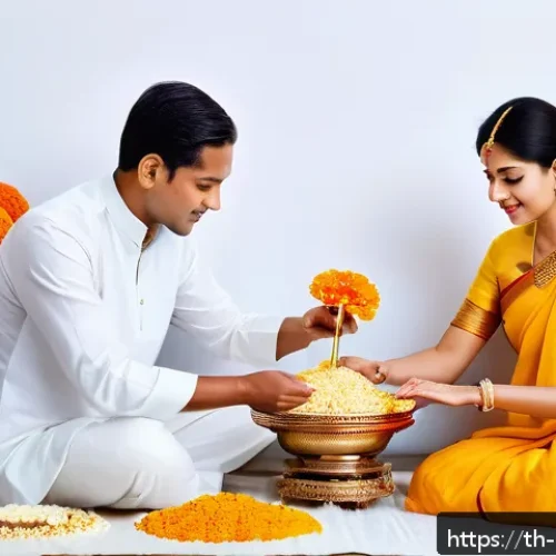 힌두교 의식 조상 공양 - A serene Hindu ancestral worship ceremony set in a traditional Indian home altar, decorated with vib...