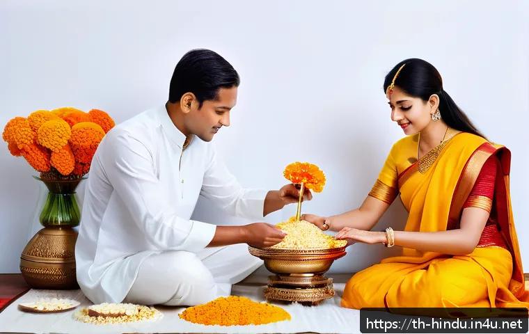 힌두교 의식 조상 공양 - A serene Hindu ancestral worship ceremony set in a traditional Indian home altar, decorated with vib...